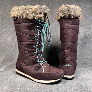 LL Bean Boots Waterproof Insulated Winter Snow Fur Suede Lace Brown Women 6.5M
